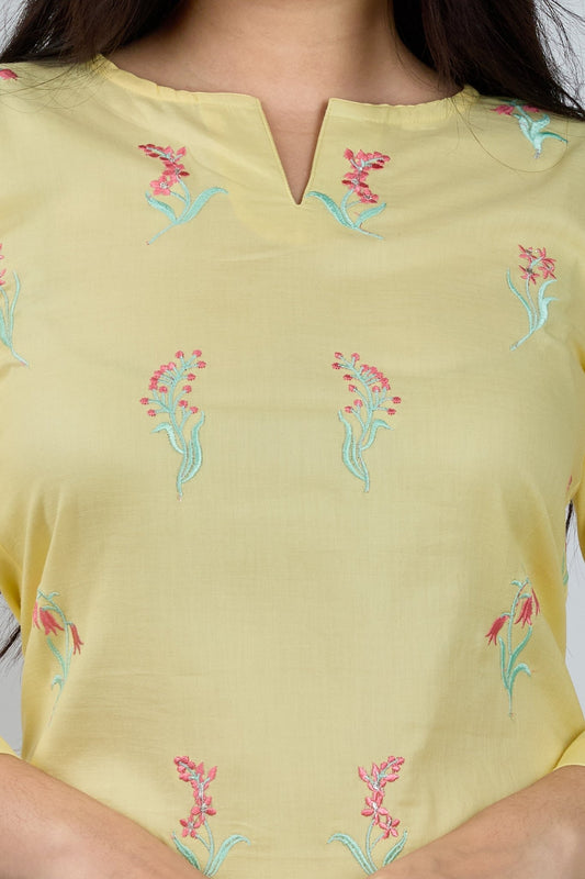 Lemon Yellow Embroidered Kurta - MNK Clothings