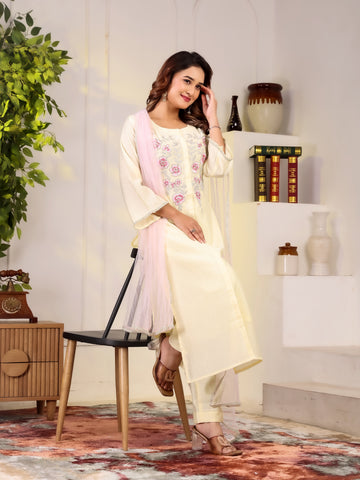 Butter Yellow Embroidery 3 Piece Kurta Set