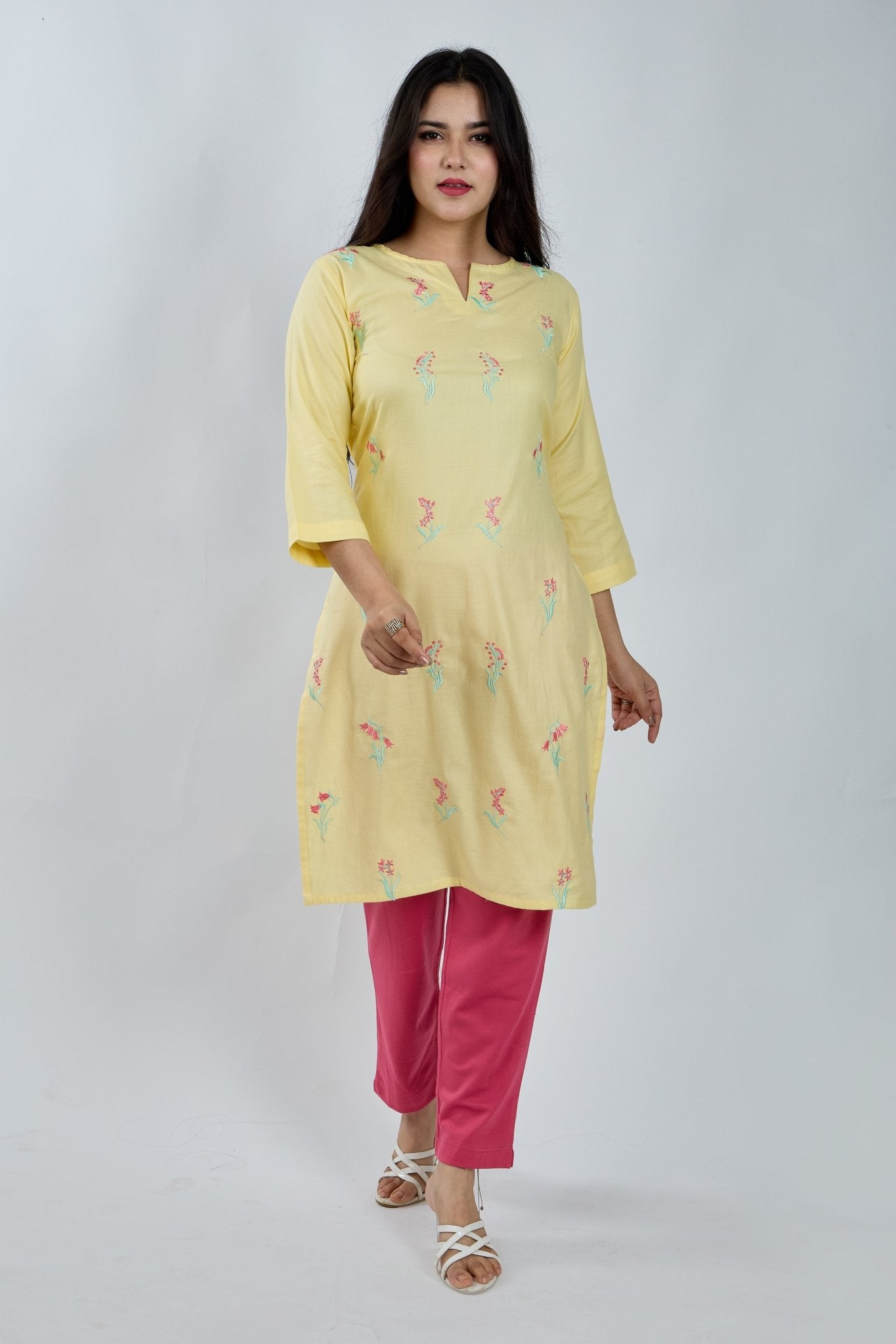 Lemon Yellow Embroidered Kurta - MNK Clothings