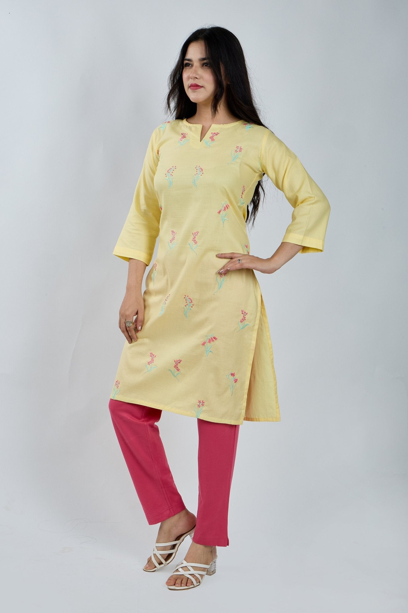 Lemon Yellow Embroidered Kurta - MNK Clothings