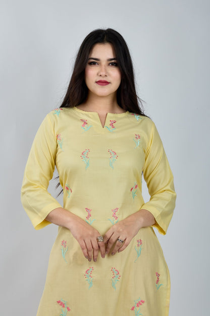 Lemon Yellow Embroidered Kurta - MNK Clothings