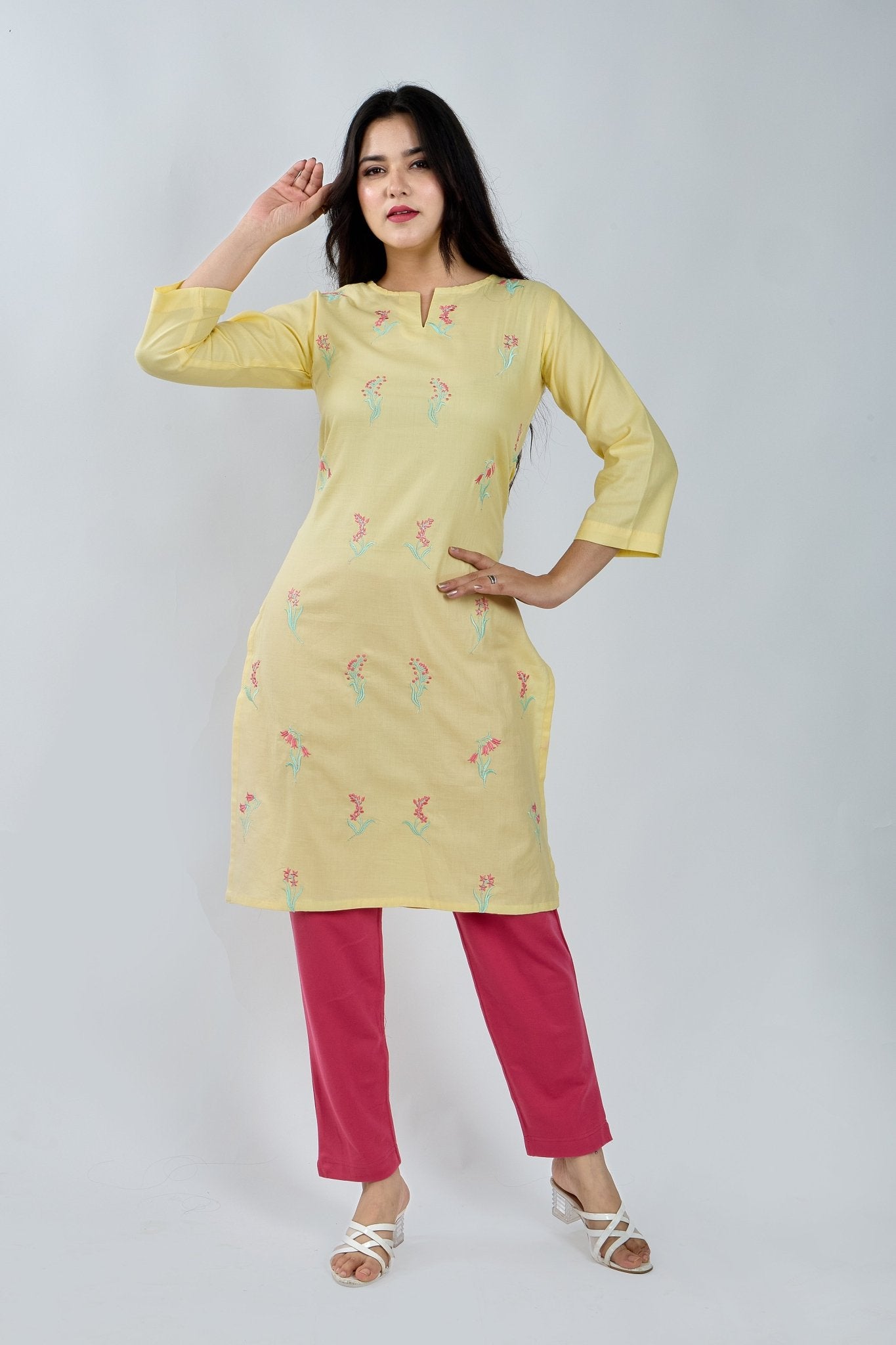 Lemon Yellow Embroidered Kurta - MNK Clothings