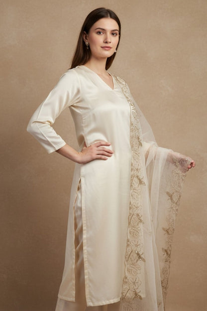 Off white silk kurta set (3 - piece) - MNK Clothings