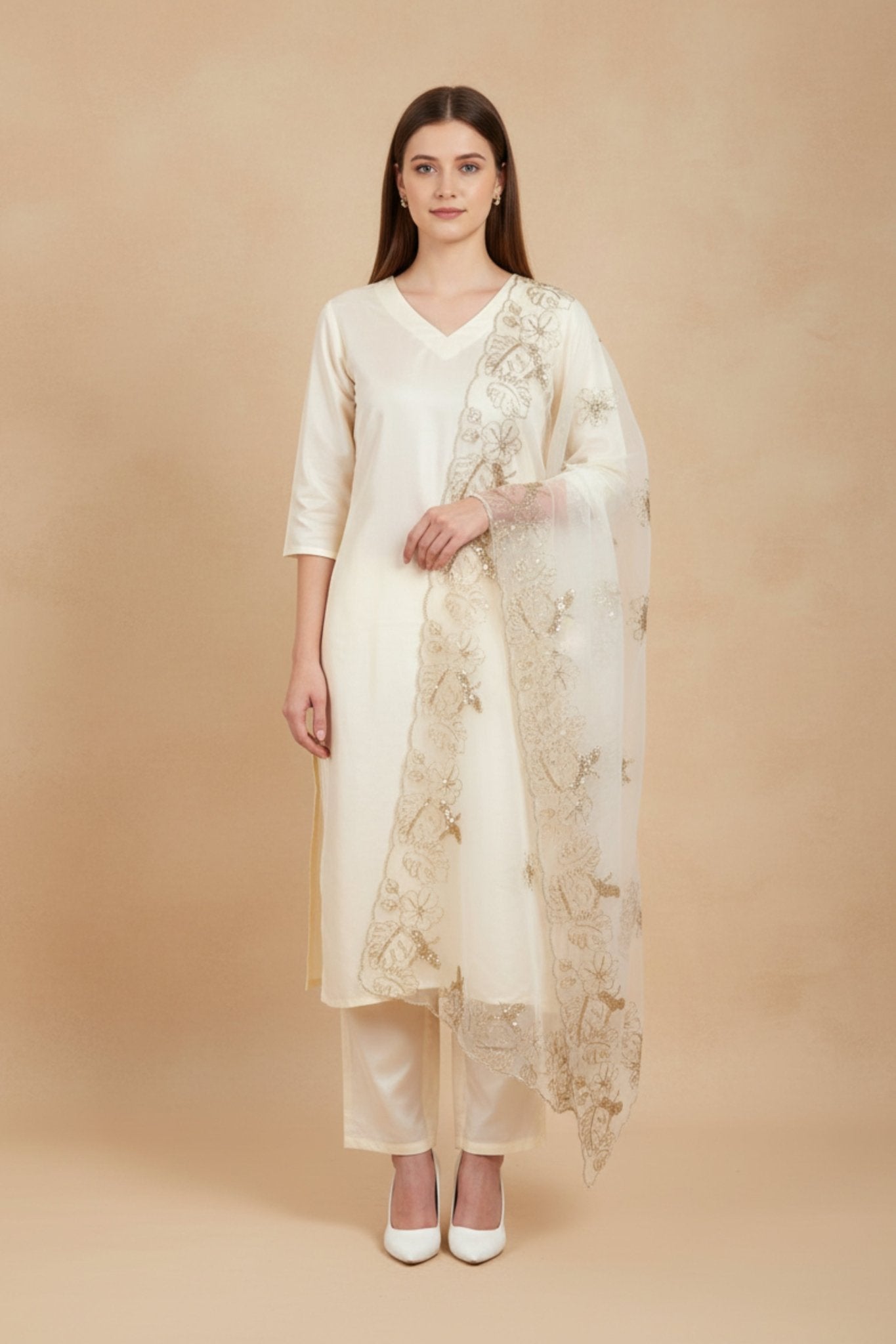 Off white silk kurta set (3 - piece) - MNK Clothings