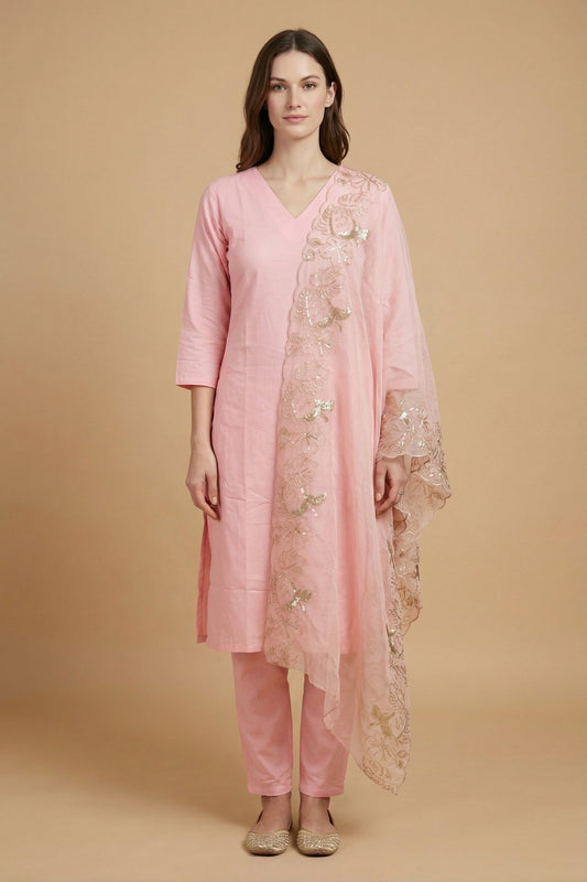 Silk Kurta Set With Embroidered Duppata (3piece) - MNK Clothings